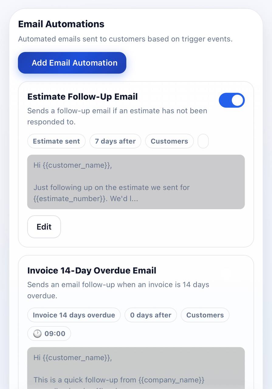 ControlAxis email automations page